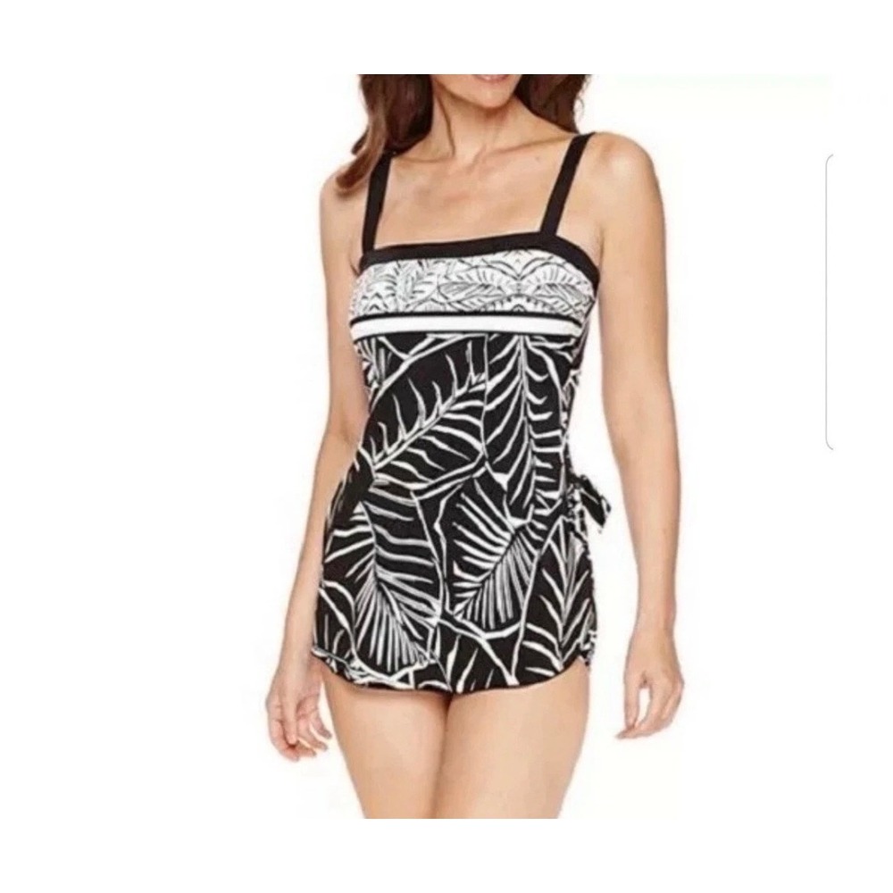 Le Cove One Piece Swim Dress Womens 20W Black White Palm Leaf Sarong Tie Front